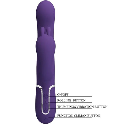 Lila silikon rabbit vibrator mit silbernen akzenten und bedienknöpfen von pretty love cammy triple vibrator multifunction 4 in 1