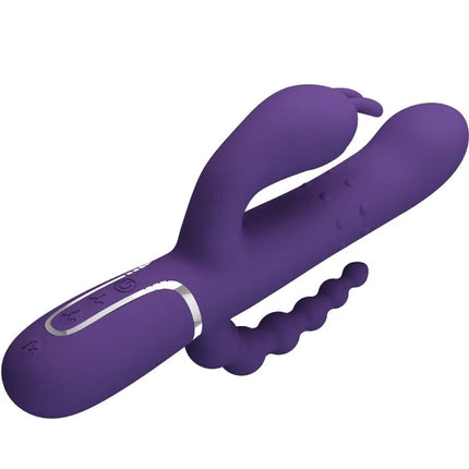 Pretty love cammy triple vibrator multifunktion 4 in 1 lila aus silikon in hasenform mit strukturierter schwanzspitze und bedientasten