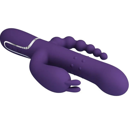 Lila silicone rabbit vibrator mit strukturierter oberfläche und silbernen bedientasten von pretty love cammy triple vibrator multifunction 4 in 1