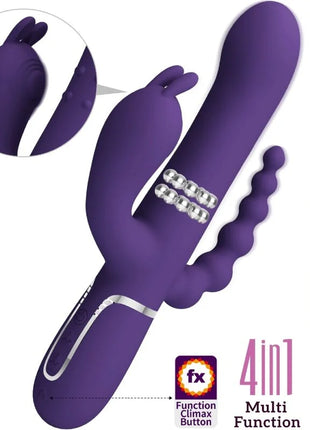 Lila silikon vibrator mit hasenkopf, silbernen perlen am schaft und strukturiertem gebogenem schwanz von pretty love cammy triple vibrator multifunction 4 in 1