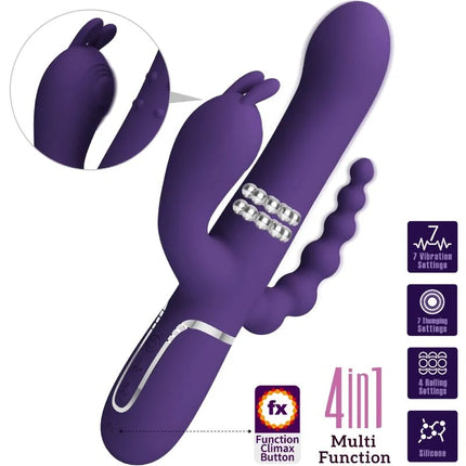 Lila silikon vibrator mit hasenkopf, silbernen perlen am schaft und strukturiertem gebogenem schwanz von pretty love cammy triple vibrator multifunction 4 in 1