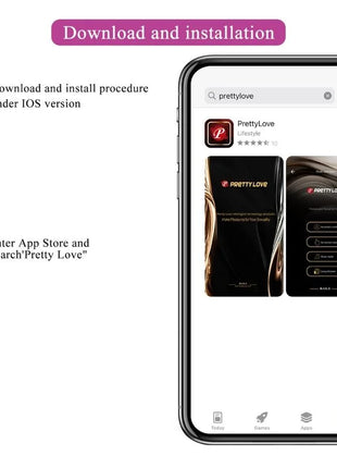 Schwarzes smartphone mit der prettylove app store seite für das casper lila wiederaufladbare vibrierende ei anzeigen