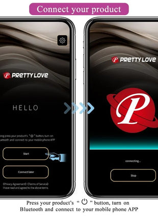 Schwarzes smartphone zeigt die prettylove app mit rotem logo und weißem p im produkt pretty love casper lila wiederaufladbares vibrierendes ei
