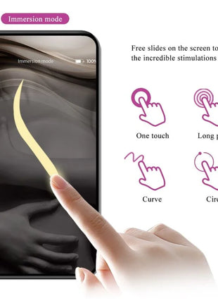 Ein schwarzes smartphone zeigt das immersive interface mit gelber kurve und touch steuerung des pretty love casper lila vibrierendes ei