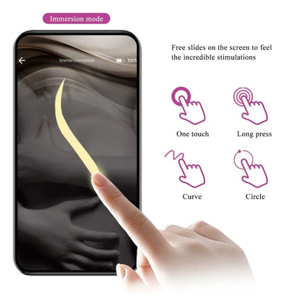 Ein schwarzes smartphone zeigt das immersive interface mit gelber kurve und touch steuerung des pretty love casper lila vibrierendes ei