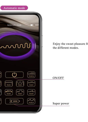 Schwarzes smartphone mit lila und goldener wellenmusteranzeige und modustasten am unteren rand für pretty love casper lila wiederaufladbares vibrierendes ei