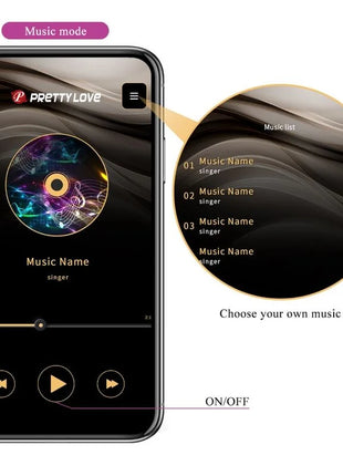 Schwarzes smartphone mit musikplayeroberfläche, farbenfroher albumgrafik und goldenen akzenten beim prettylove casper lila wiederaufladbares vibrierendes ei