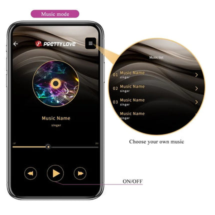 Schwarzes smartphone mit musikplayeroberfläche, farbenfroher albumgrafik und goldenen akzenten beim prettylove casper lila wiederaufladbares vibrierendes ei
