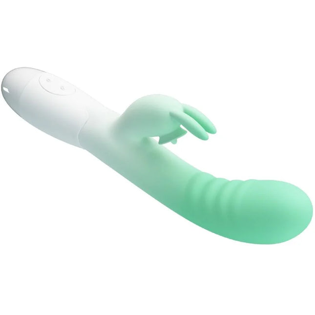 Mintgrüner und weißer silikon rabbit vibrator cerberus von pretty love mit lächelndem gesicht auf dem griff