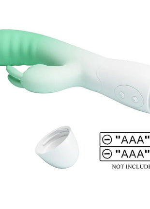 Ein mintgrüner und weißer silikon rabbit vibrator von pretty love mit 30 vibrationsmodi und ergonomischem design