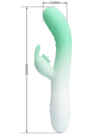 Ein mintgrüner und weißer silikon rabbit vibrator cerberus von pretty love mit glattem, geschwungenem design und 30 vibrationen