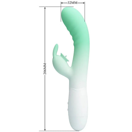 Ein mintgrüner und weißer silikon rabbit vibrator cerberus von pretty love mit glattem, geschwungenem design und 30 vibrationen