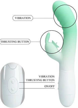 Ein mintgrüner und weißer silikon vibrator mit gebogenem design und vibration sowie stößelfunktion von pretty love cerberus rabbit vibrator