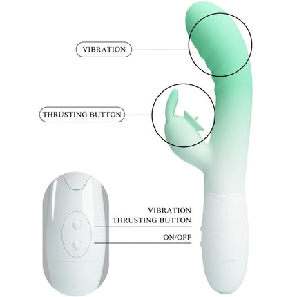 Ein mintgrüner und weißer silikon vibrator mit gebogenem design und vibration sowie stößelfunktion von pretty love cerberus rabbit vibrator