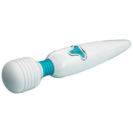 Weiß- und tealfarbener silikonummantelter wandvibrator mit strukturierter griffoberfläche von Pretty Love