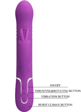 Lila silikon rabbit vibrator mit silbernen akzenten und beschrifteten steuerungstasten von pretty love coale 4 in 1 multifunction