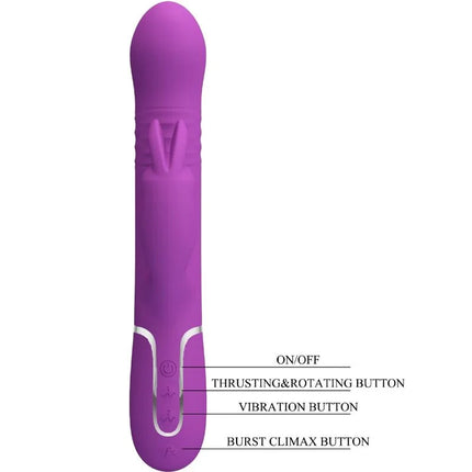 Lila silikon rabbit vibrator mit silbernen akzenten und beschrifteten steuerungstasten von pretty love coale 4 in 1 multifunction