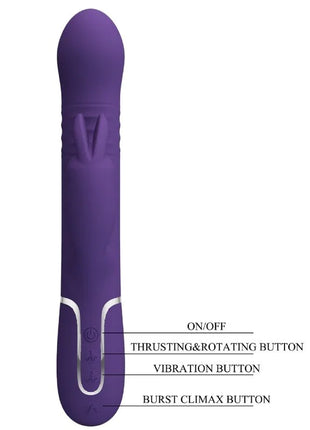 Lila silikon rabbit vibrator von pretty love mit silbernem akzent und beschrifteten steuerungstasten