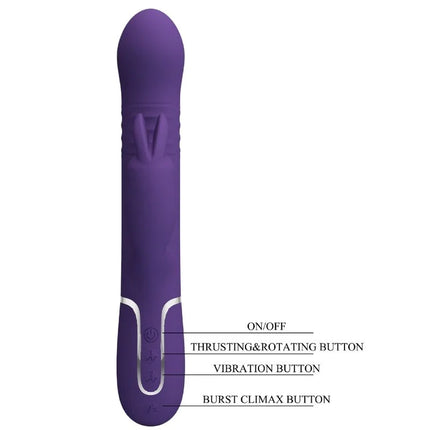 Lila silikon rabbit vibrator von pretty love mit silbernem akzent und beschrifteten steuerungstasten