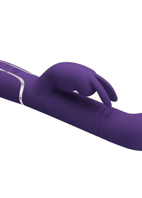 Lila silikon vibrator in kanin-design mit silbernem akzent und bedientasten am griff von pretty love coale rabbit 4 in 1