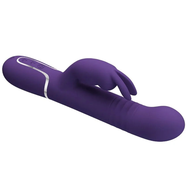 Lila silikon vibrator in kanin-design mit silbernem akzent und bedientasten am griff von pretty love coale rabbit 4 in 1