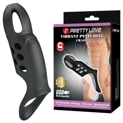 Schwarzer silikon vibrierender penisring mit mehreren löchern und power-knopf von pretty love craig