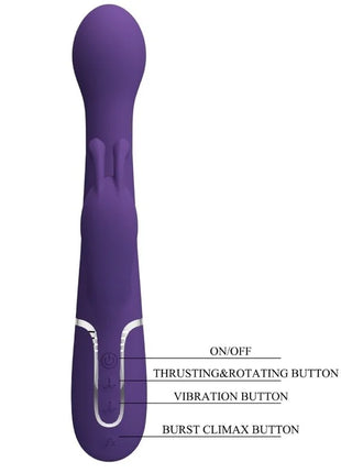 Lila silikon vibrator mit silberner zierleiste und beschrifteten steuerknöpfen von pretty love dejón rabbit 3 in 1