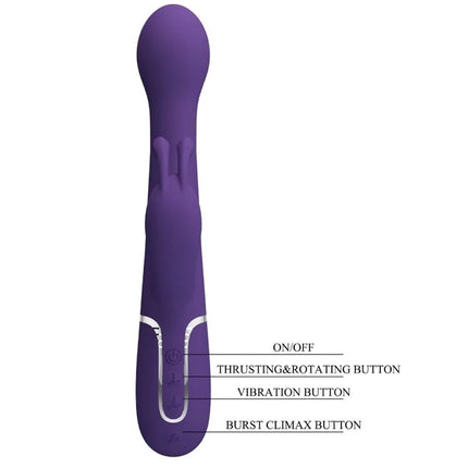 Lila silikon vibrator mit silberner zierleiste und beschrifteten steuerknöpfen von pretty love dejón rabbit 3 in 1