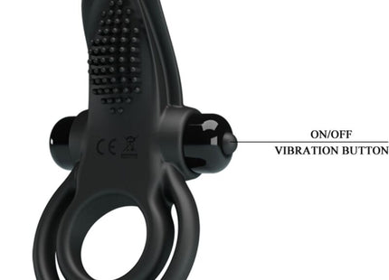 Schwarzer silikonring mit texturierter griffoberfläche und zwei steuerungstasten von pretty love doppelte vibrationsring und klitorisstimulator