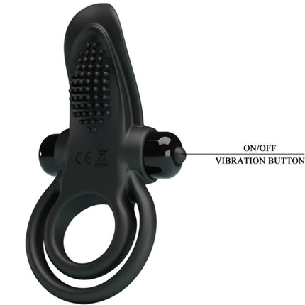 Schwarzer silikonring mit texturierter griffoberfläche und zwei steuerungstasten von pretty love doppelte vibrationsring und klitorisstimulator