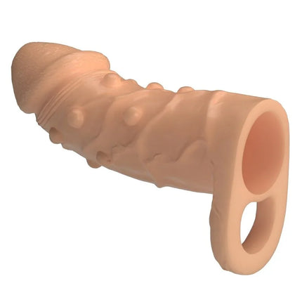 Peachfarbene silikon penis extender sleeve mit strukturierter oberfläche und ringbasis von pretty love