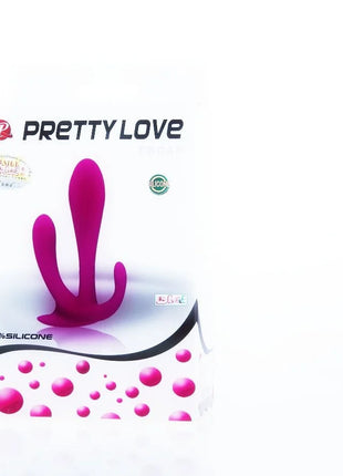Ein lebendiges magenta 100 prozent silikon erwachsenenspielzeug mit ergonomischem design und drei distincten prongs von pretty love double stimulation edgar
