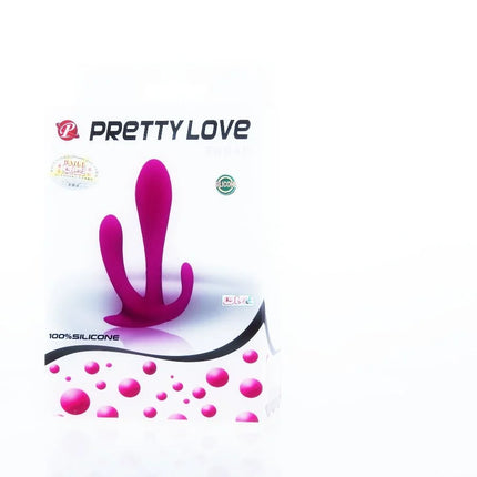Ein lebendiges magenta 100 prozent silikon erwachsenenspielzeug mit ergonomischem design und drei distincten prongs von pretty love double stimulation edgar