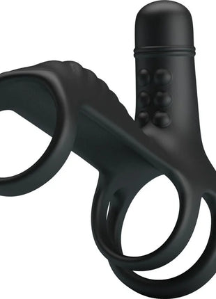 Schwarzer silikon dual-ring vibrator mit texturierter griffoberfläche und bedienknöpfen von pretty love