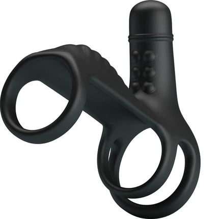 Schwarzer silikon dual-ring vibrator mit texturierter griffoberfläche und bedienknöpfen von pretty love