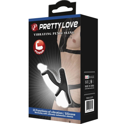 Schwarzer silikon vibrierender penis sling mit elastischer weicher verlängerungshülse von pretty love
