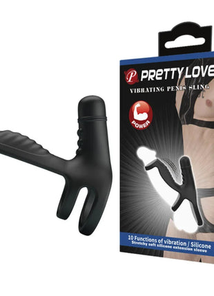 Schwarzer silikon vibrierender penisring mit texturiertem griff und verstellbarem riemendesign von pretty love