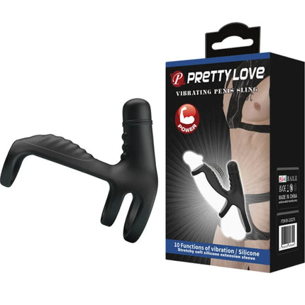 Schwarzer silikon vibrierender penisring mit texturiertem griff und verstellbarem riemendesign von pretty love