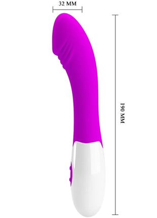 Ein 190 mm langer vibrierender lieben vibrator pretty love elemental in lila mit gebogenem magenta-kopf und weißem griff