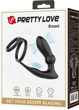 PRETTY LOVE - EMONI PENISRING + ANAL PLUG 12 VIBRATIONEN SCHWARZ - Analplug