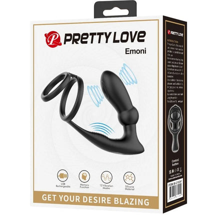 PRETTY LOVE - EMONI PENISRING + ANAL PLUG 12 VIBRATIONEN SCHWARZ - Analplug