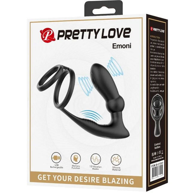PRETTY LOVE - EMONI PENISRING + ANAL PLUG 12 VIBRATIONEN SCHWARZ - Analplug