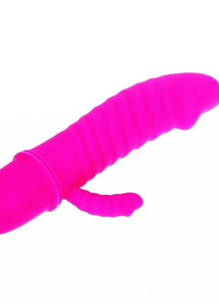 Bright pink silikon vibrator mit geriffelter oberfläche und kleinem stummelförmigem anhängsel von pretty love