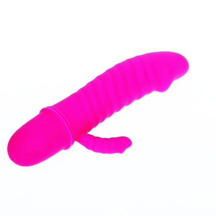 Bright pink silikon vibrator mit geriffelter oberfläche und kleinem stummelförmigem anhängsel von pretty love