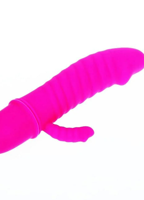 Bright pink silikon vibrator mit geriffelter oberfläche und kleinem stummelförmigem anhängsel von pretty love