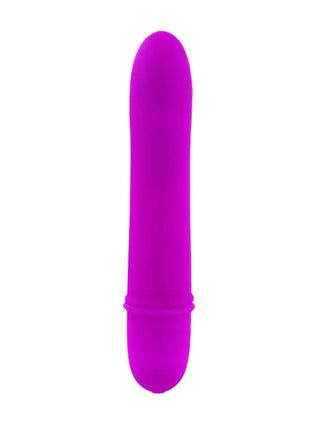 Ein schlanker, lebhafter lila silikon vibrator mit glatter, abgerundeter form und feiner geriffelter struktur am boden von pretty love flirtation beck vibrator