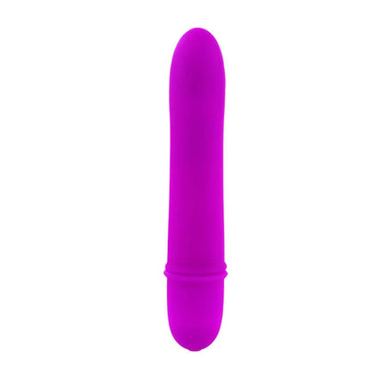 Ein schlanker, lebhafter lila silikon vibrator mit glatter, abgerundeter form und feiner geriffelter struktur am boden von pretty love flirtation beck vibrator