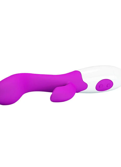 Lila und weiße silikon rabbit-vibrator von pretty love mit glattem, glänzendem finish und abgerundeten ohren