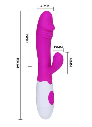 Ein lebhafter rosa weißer silikon vibrator in hasenform mit glänzender oberfläche von pretty love flair