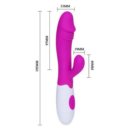 Ein lebhafter rosa weißer silikon vibrator in hasenform mit glänzender oberfläche von pretty love flair